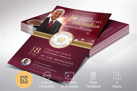 Pastor Anniversary Flyer Template Canva Template Burgundy Gold