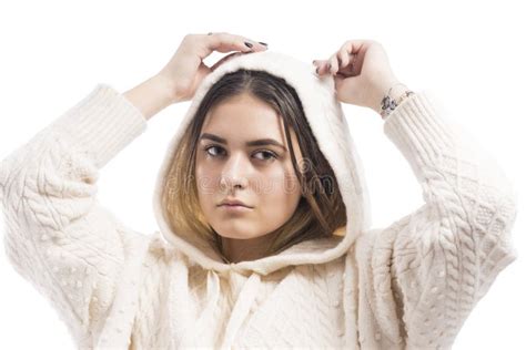 Portrait Of A Young Cute Woman With White Sweater Stock Image Image