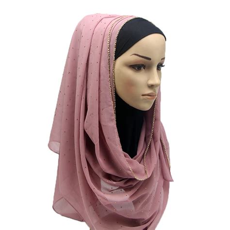 Plain Bling Bubble Chiffon Hijab Scarf Shimmer With Crystal Chain Edged Scarf Muslim Scarves