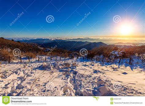 Sunrise With Beautiful Lens Flare At Deogyusan Mountains In Winter