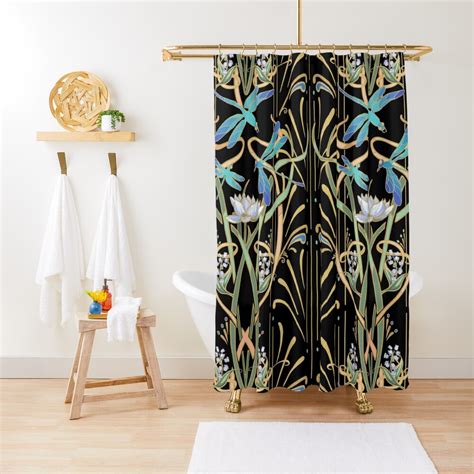 Art Nouveau Dragonflies Pattern Black Shower Curtain For Sale By