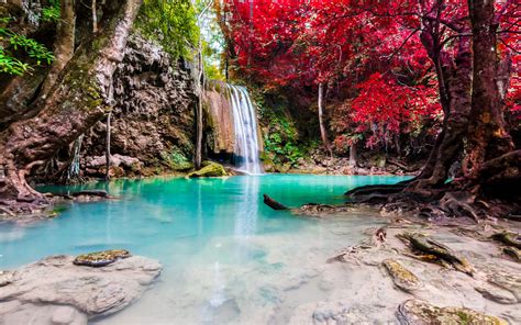 Download Wallpapers Waterfall Rainforest Red Trees Thailand Blue