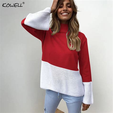 two colors patchwork cotton women sweaters and pullovers autumn winter long sleeve knitted loose