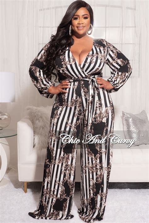 Final Sale Plus Size Faux Wrap Jumpsuit With Waist Tie In Black And Wh