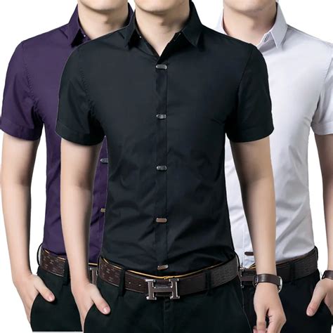 new casual men shirt short sleeve elastic slim fit black shirt men solid color mens dress shirts