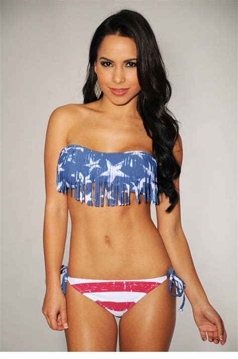 Top Sales 2015 American Flag Fringe Padded Top Scrunch Butt Bikini