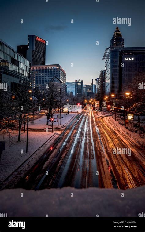Winter Ice And Snow On The Streets Of Frankfurt Am Main At Dawn