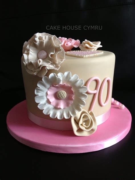 90th Birthday Cake Whitepink And Peach Flowers 90th Birthday Cakes