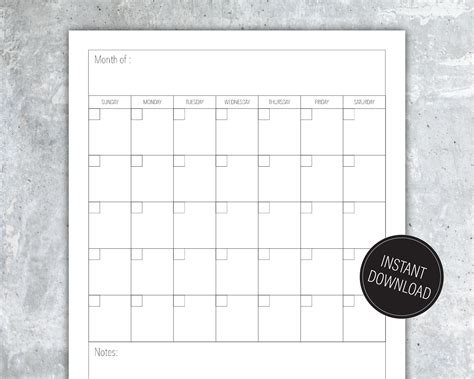 Blank Monthly Calendar Vertical 85 X 11 Inch Blank Etsy