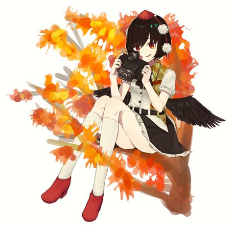 Safebooru 1girl Absurdres Autumn Autumn Leaves Bangs Black Hair Black Skirt Black Wings Camera