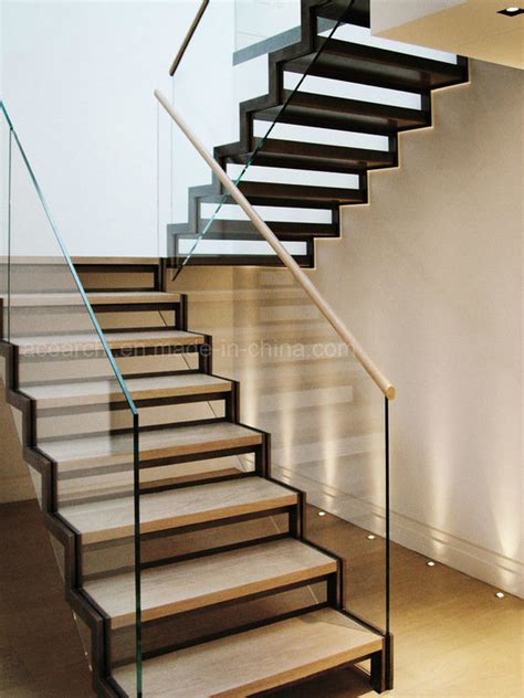 Staircase With Powder Coated Stringer Glass Railing Wood Stair Step