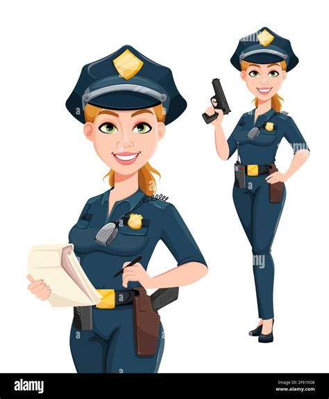 Mujer De Policía En Uniforme Conjunto De Dos Poses Oficial De Policía Chica Personaje De