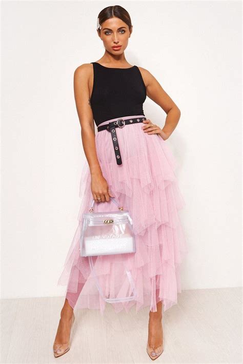Pink Tulle Overlay Layered Maxi Skirt Tulle Overlay Skirt Pink Tulle
