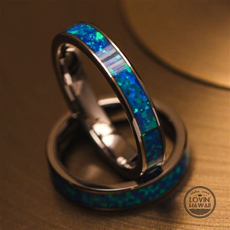4mm Blue Opal Ring Tungsten Wedding Bands Thin Tungsten Etsy