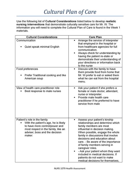 Nurs 1079 Cultural Plan Of Care2 Cultural Plan Of Care Use The