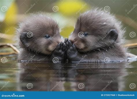 Baby Otters Floating on Lake, with Their Hands Intertwined, and Smiling