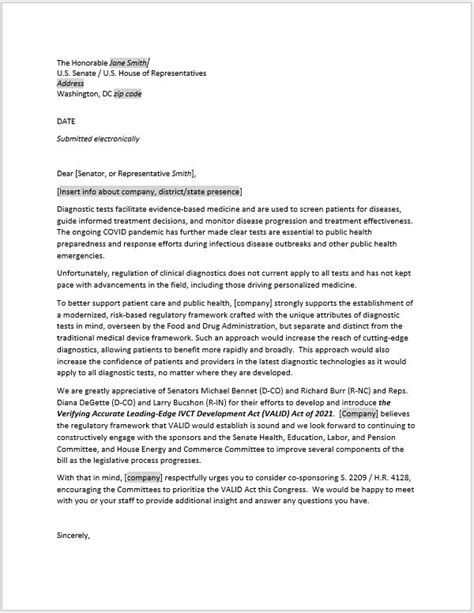 Letter To Congress Template