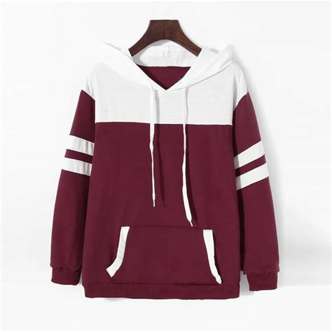 Feitong Wine Red Patchwork Hoodie Women Long Sleeve Contrast Hooded