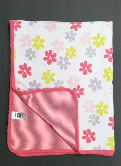 Carters Os White Floral Baby Blanket Coral Stripe Back Trim Pink Gray