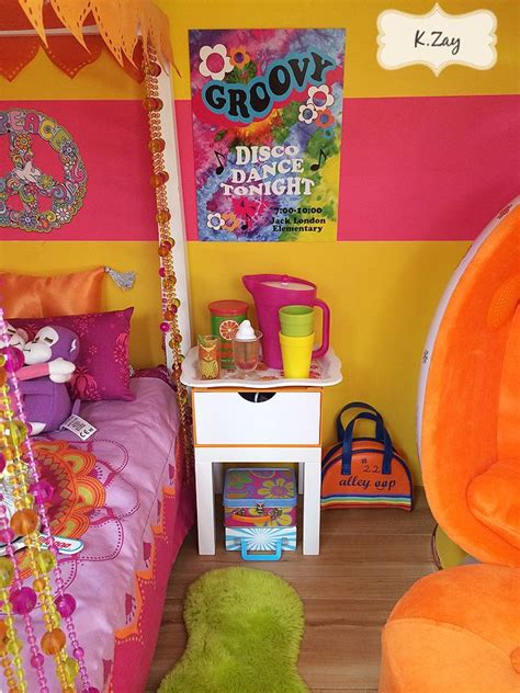 a bedroom with bright colors and decorations on the walls