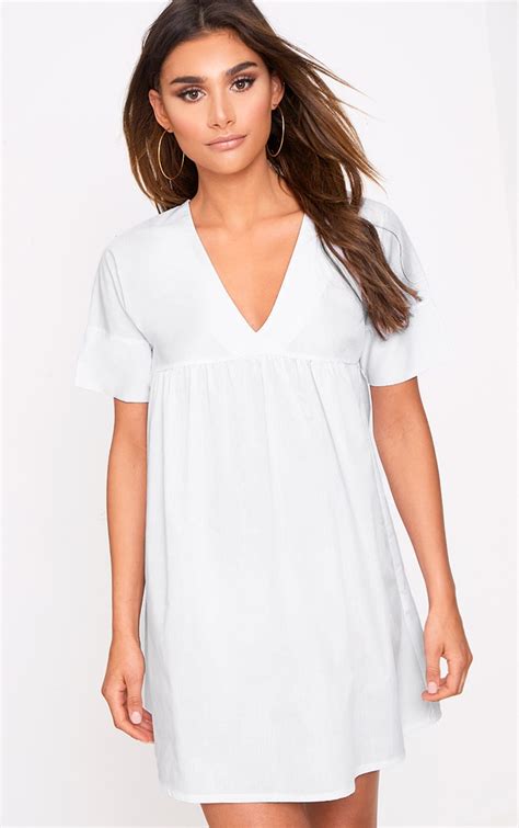 White Poplin Smock Dress Prettylittlething Ca