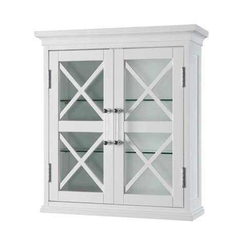 A White Cabinet With Glass Doors On The Front And Bottom Shelves Both