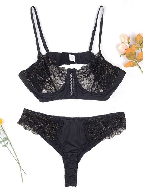 plus size contrast lace semi sheer bra and panty sexy lingerie set women s plus medium stretch