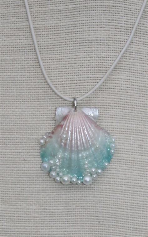 Mermaid Sea Shell Airbrushed Pendant Necklace Pearls Ooak