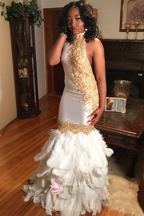 Buy rose wedding dress in tbdress, you will get the best service and high discount. Gold Lace White Feather Sleeveless Mermaid Prom Gown - Lunss