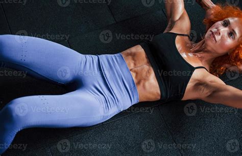 Top View Sporty Redhead Girl Have Fitness Day In Gym At Daytime Muscular Body Type 15203687