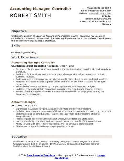 View real resume examples for your field to guide and inspire. Accounting Manager Controller Resume Samples | QwikResume
