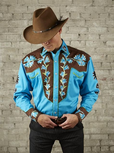 Mens Floral 2 Tone Brown And Turquoise Embroidered Western Shirt