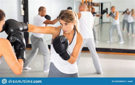 Two Women Boxing Sparring In The Gym Stock Image Image Of Fighting
