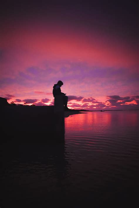 Silhouette Alone Sad Sea Clouds Sunset Dark Hd Phone Wallpaper