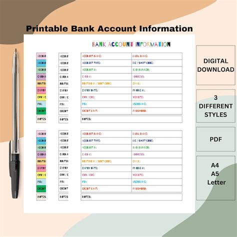 Printable Bank Account Information Tracker Bank Details Etsy