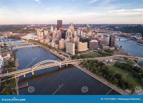 Aerial View Of Pittsburgh Pennsylvania Business District And River In