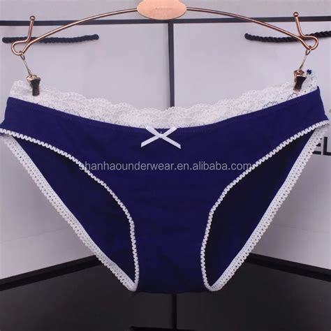 Hotsell Ladies Sexy Fancy Navy Blue Cotton Bikini Briefs Panties With Lace Trim Underwear