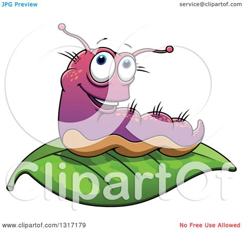 Clipart Of A Cartoon Purple Caterpillar On A Leaf Royalty Free Vector