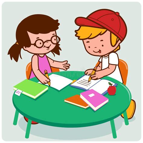 School Children At A Desk Doing Their Homework Vector Illustration