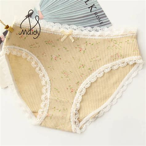 Maidy Women Printing Briefs Pure Cotton Lace Female Underwear Sexy Panties Big Size M L Ll 3l