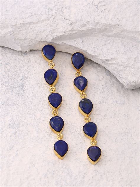 Lapis Lazuli Earrings Dangle Gold Earrings Plated Brass Etsy