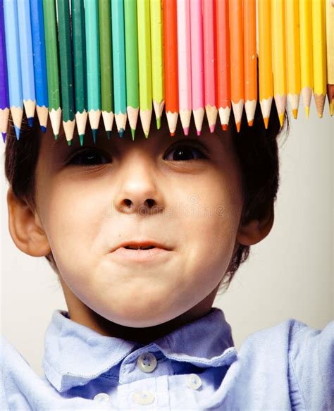 Little Cute Boy Color Pencils Close Up Smiling Stock Photos Free