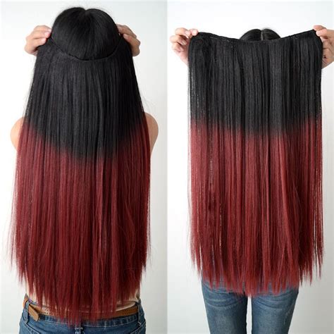 One Piece Dip Dye Ombre Hair Weft Clip In Extension 24 Black To Red