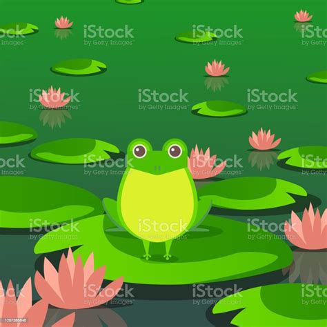 Cute Frog In Pond Sitting On Leaf Of Water Lily Vector Illustration