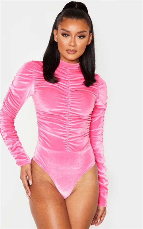 Pink Velvet Ruched Detailing High Neck Bodysuit Prettylittlething
