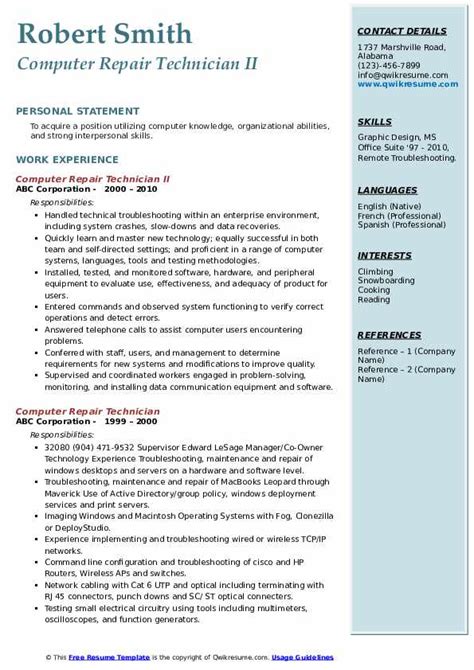 Job description and resume examples a collection of job descriptions, resume examples. Computer Repair Technician Resume Samples | QwikResume