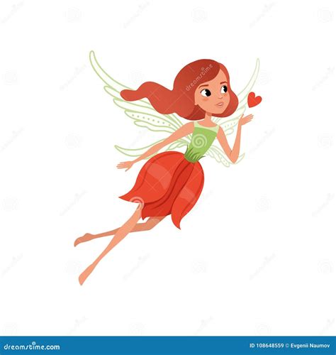 Cartoon Fairy With Red Hair And Flower Shaped Dress Beautiful Mythical