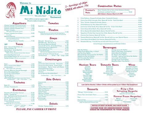 Mi Nidito Restaurant Menus In Tucson Arizona United States