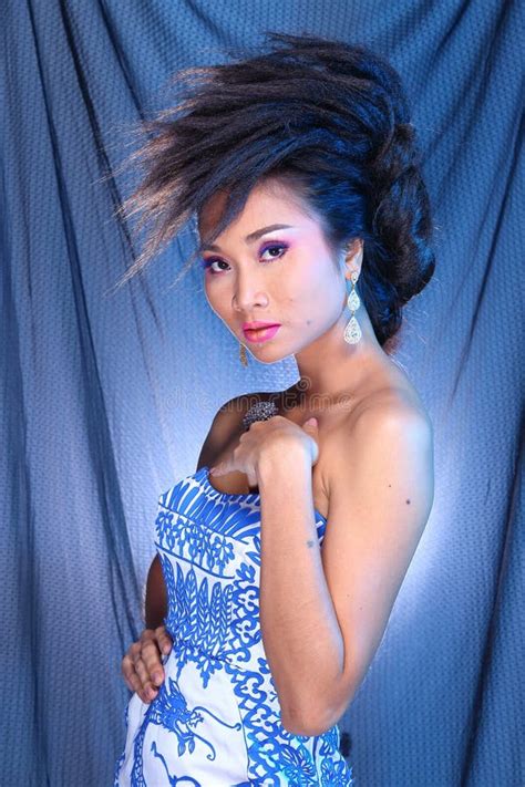 Blue Evening Gown Ball Dress In Asian Beautiful Woman With Fashion Make