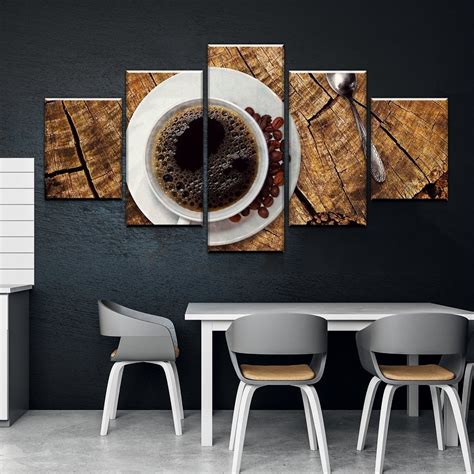 If you're looking for coffee decor ideas or coffee wall art for kitchen, this coffee on canvas print is a great way to make your house feel a little homier! Coffee On Wood - Nature 5 Panel Canvas Art Wall Decor - Canvas Storm
